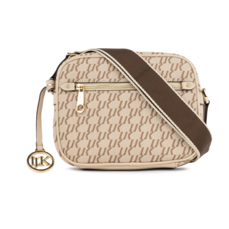 Borsa beige da donna con tracolla in tessuto e ciondolo con logo